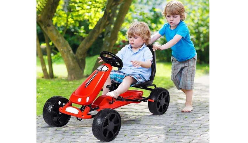 Red 4 Wheel Pedal Powered Ride On Rubber Wheels Outdoor Racer with Adjustable Seat Brake Girls Ride On Pedal Car for Boys Costzon Go Kart