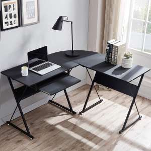 FRU L Shaped 50.4 inches Reversible Computer Desk with Keyboard Shelf, Space-Saving, Black