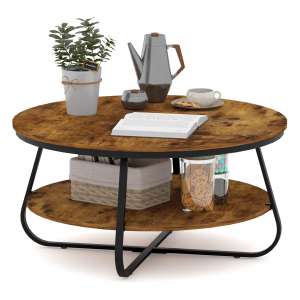 Elephance Round Rustic Wood Strong Coffee Table with Storage for Living Room (Almond)