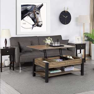 LALUZ Coffee Table with Open Storage Shelf and Hidden Compartment, Wood Color